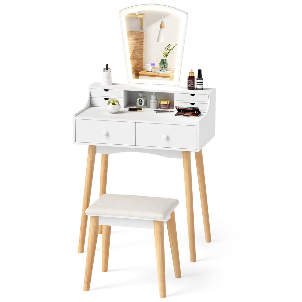 Vanity desk set in white with adjustable LED mirror, six drawers, and a padded stool for stylish makeup organization.