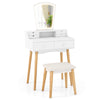 Vanity desk set in white with 3-color LED mirror, 6 drawers, and padded stool for stylish makeup application.