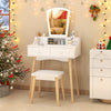 White vanity desk with large drawers and adjustable LED mirror, paired with a padded stool for a chic makeup setup.