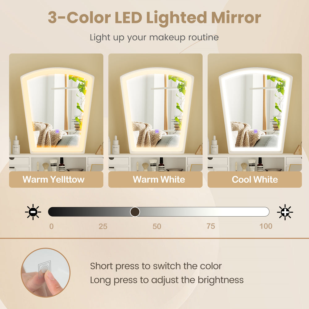 3-color LED lighted mirror with adjustable brightness, part of a white vanity desk set featuring 6 drawers and a stool.