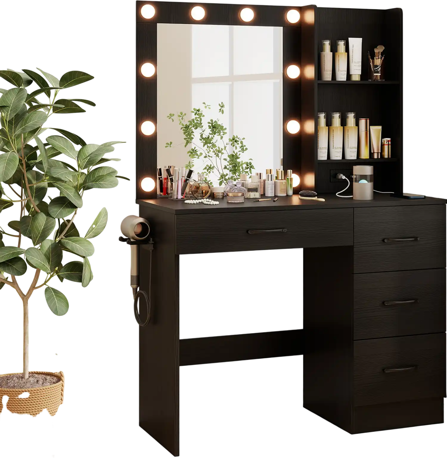 Costway Vanity Desk 3-Color Lights Power Outlets Black 94687231 New