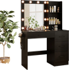 Vanity desk in black showcasing a hair dryer holder, open shelves, and 3-color lights for a stylish beauty setup.