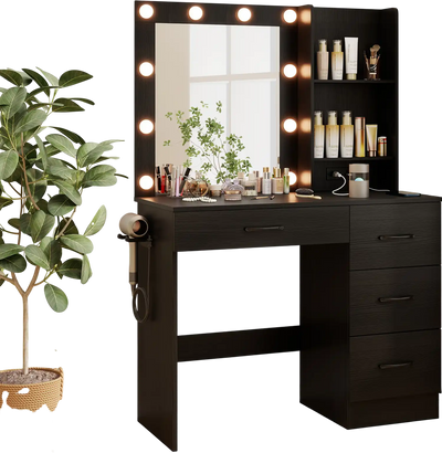 Costway Vanity Desk 3-Color Lights Power Outlets Black 94687231 New