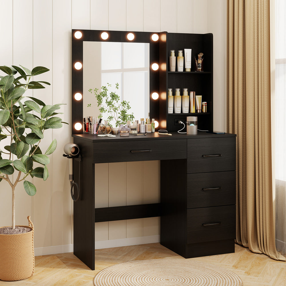 Vanity Desk with 3-Color Lights and Power Outlets-Black - Gallery View 1 of 12