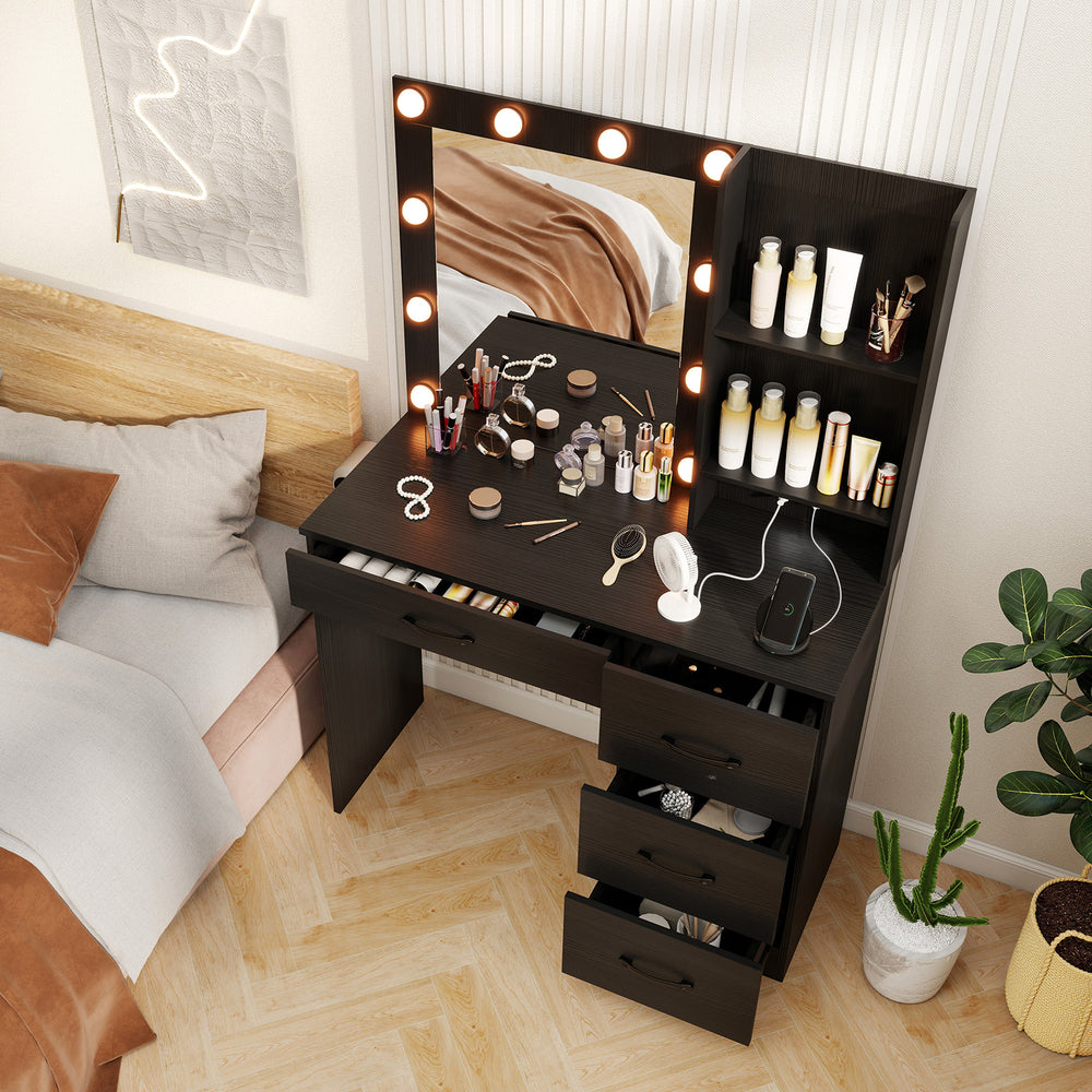 Vanity desk in black with 3-color lights, open shelves, and drawers for organized beauty tools in a stylish setup.