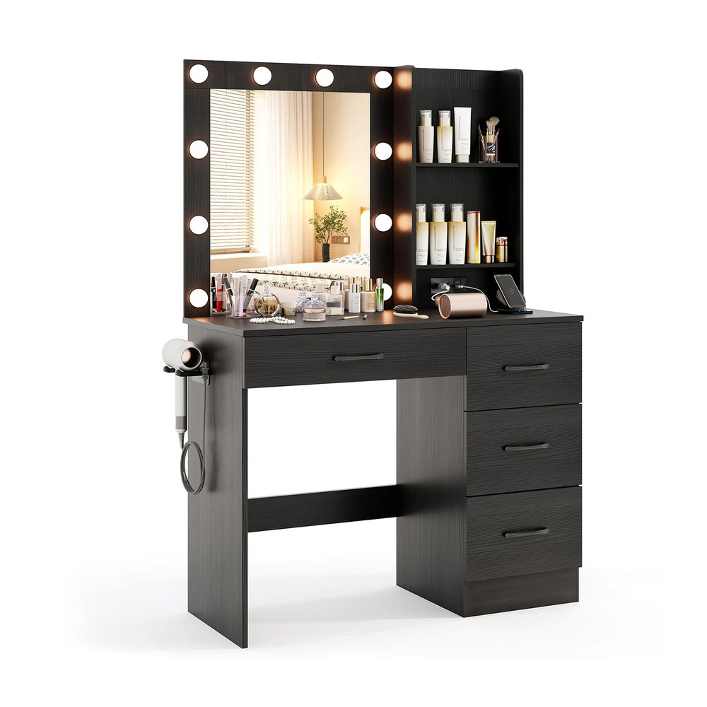 Vanity desk in black with 3-color lights, adjustable brightness, and storage drawers for organized beauty essentials.