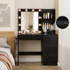 Vanity desk in black featuring 3-color lights, open shelves, and built-in power outlets for beauty tools and phones.