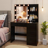 Vanity desk in black with 3-color lights, drawers, and open shelves for organized beauty tools and accessories.