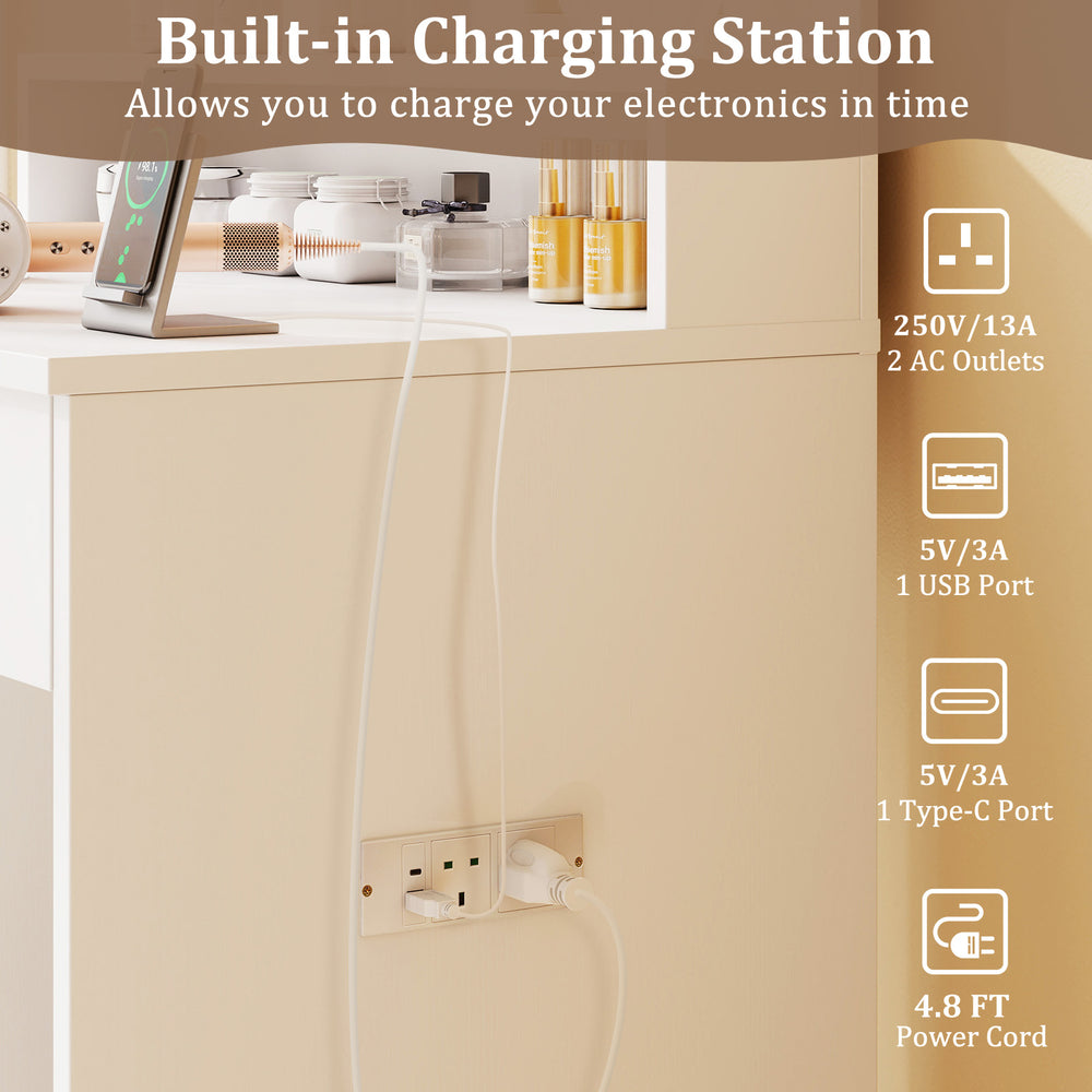 Vanity desk featuring a built-in charging station with 2 AC outlets and USB ports for convenient electronics charging.