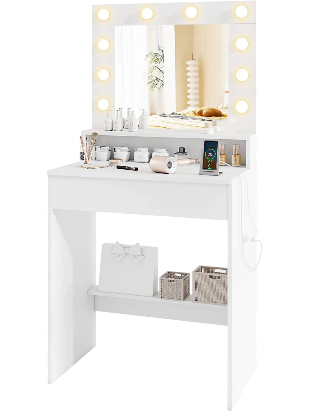 Vanity desk in white showcasing a spacious top with makeup essentials and an elegant mirror with adjustable lighting.