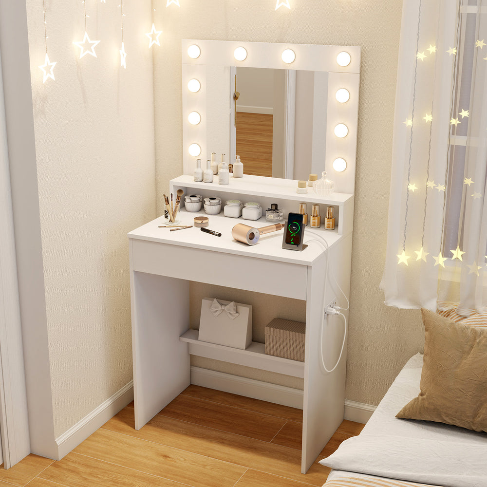 Vanity desk in white with adjustable brightness, 3 light modes, large drawer, and open shelves for organized makeup.