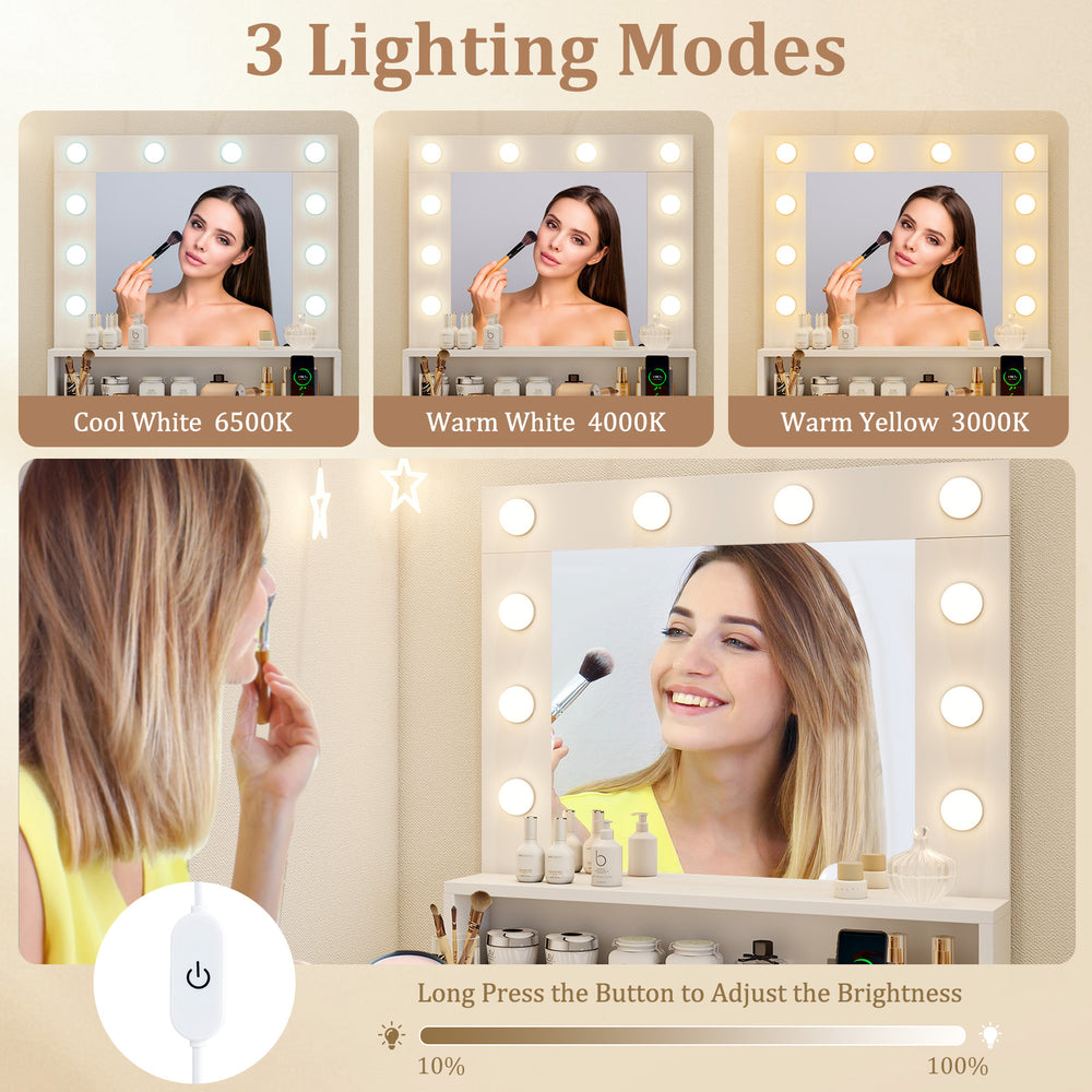 Vanity desk with adjustable brightness and 3 light modes, featuring ample storage for organized makeup application.