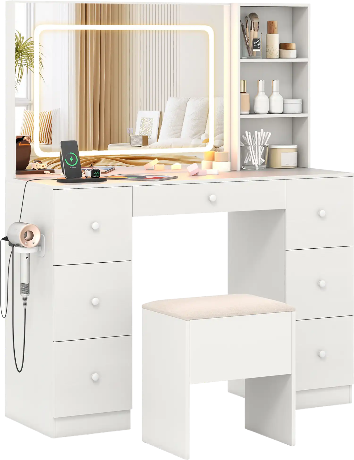 Costway Lighted Vanity Desk with Mirror Stool Set 37602237 New