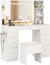 Vanity desk with lighted mirror, white finish, ample storage, and padded stool for stylish makeup application.