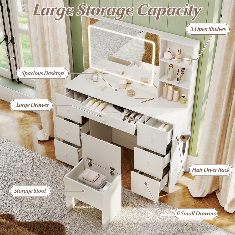 Vanity desk with mirror and lights, featuring 3 open shelves, 7 drawers, and a padded stool for makeup organization.