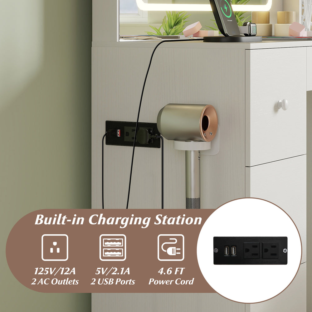 Vanity desk with built-in charging station, featuring 2 AC outlets and 2 USB ports for convenient makeup application.