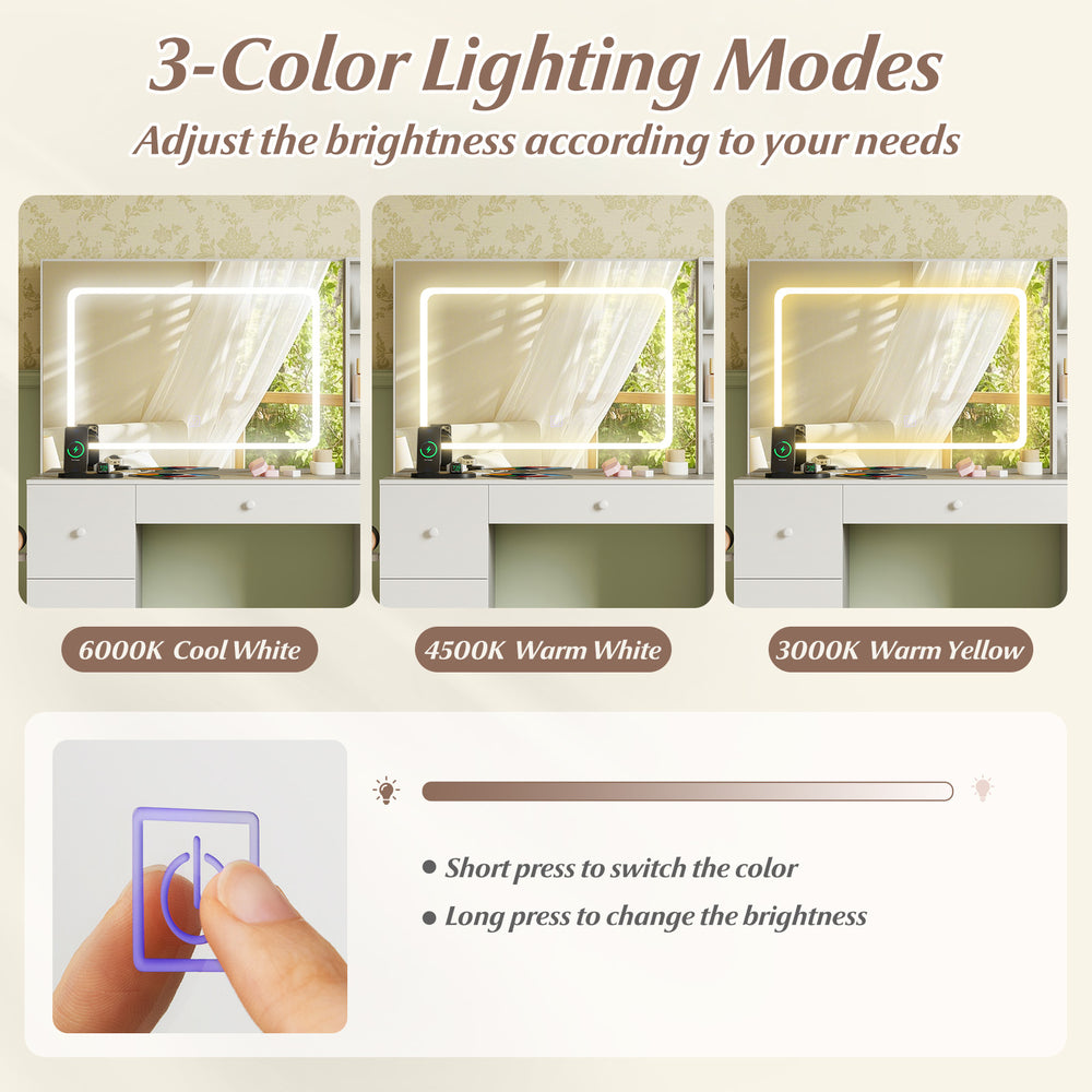 Vanity desk with lighted mirror showing 3-color lighting modes, ample storage, and a padded stool for makeup.