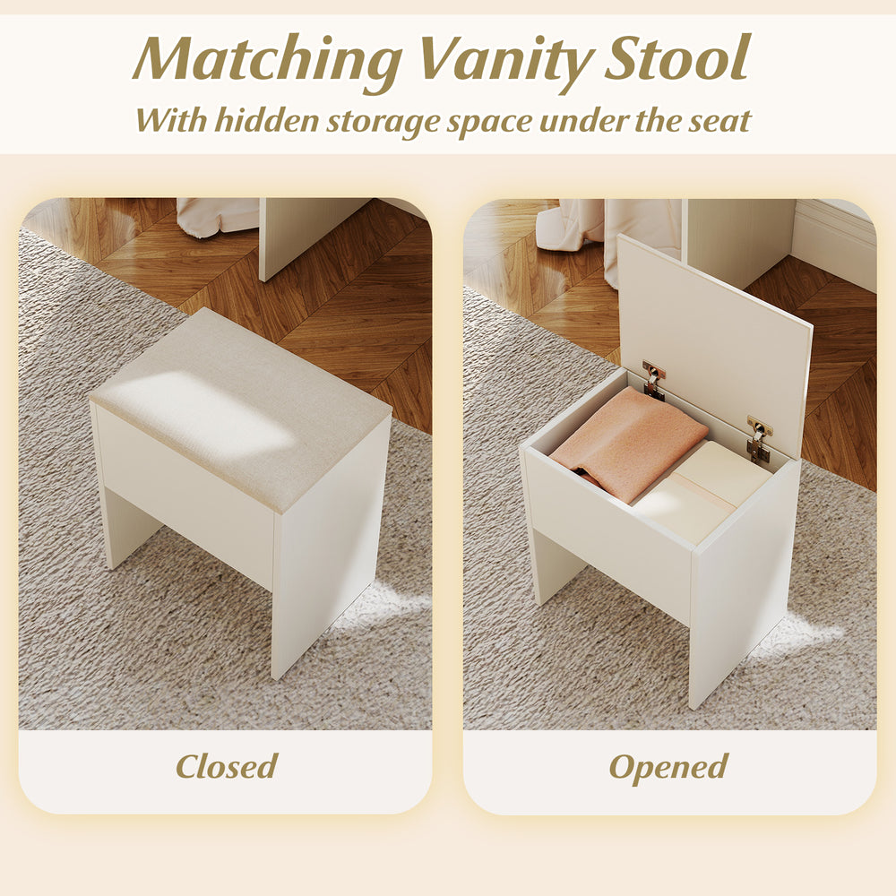 Vanity stool with padded seat and hidden storage, ideal for organizing makeup essentials under the seat.