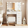 Vanity desk with lighted mirror, ample storage, and padded stool in white for stylish makeup application.