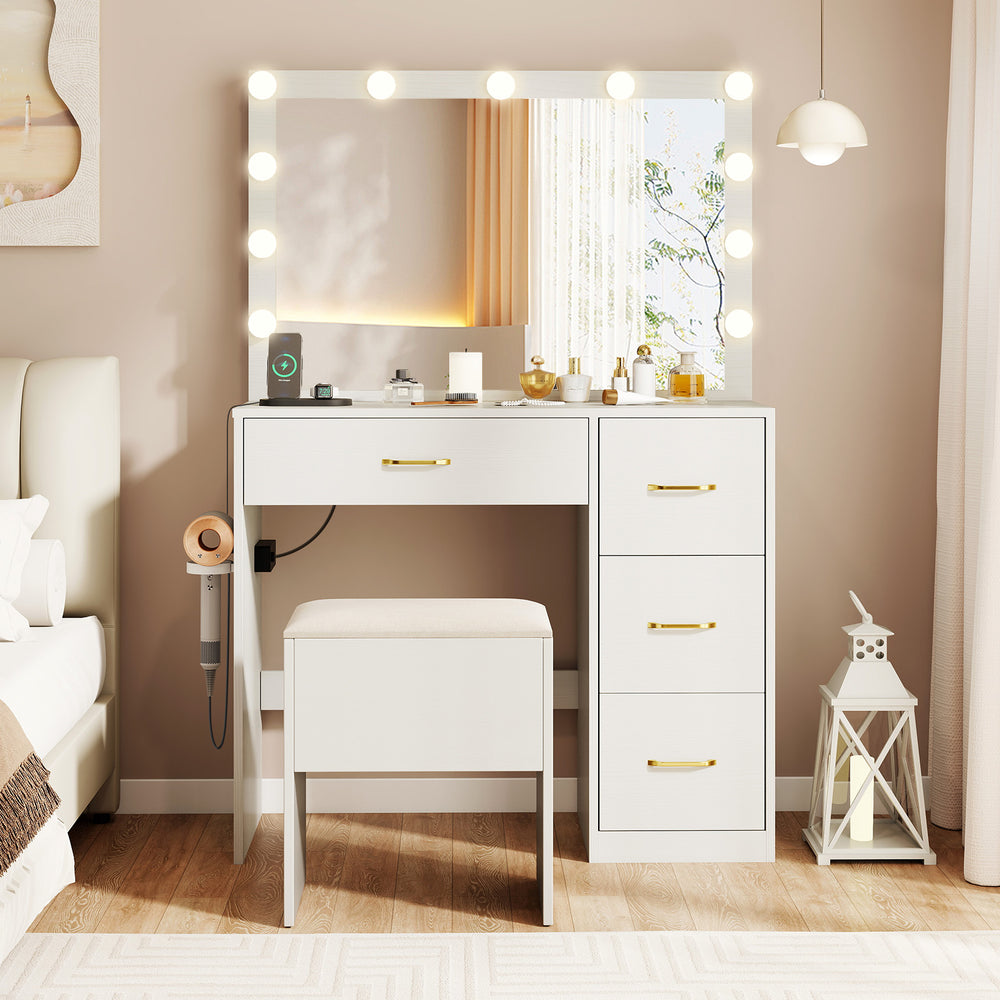 Vanity desk with lighted mirror, ample storage, and padded stool in white for stylish makeup application.