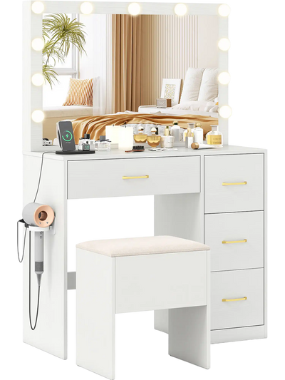 Costway Lighted Vanity Desk with Mirror Power Outlets 84517346 New