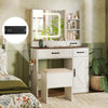 Vanity desk with lighted mirror, ample storage, and built-in charging station for convenient makeup application.
