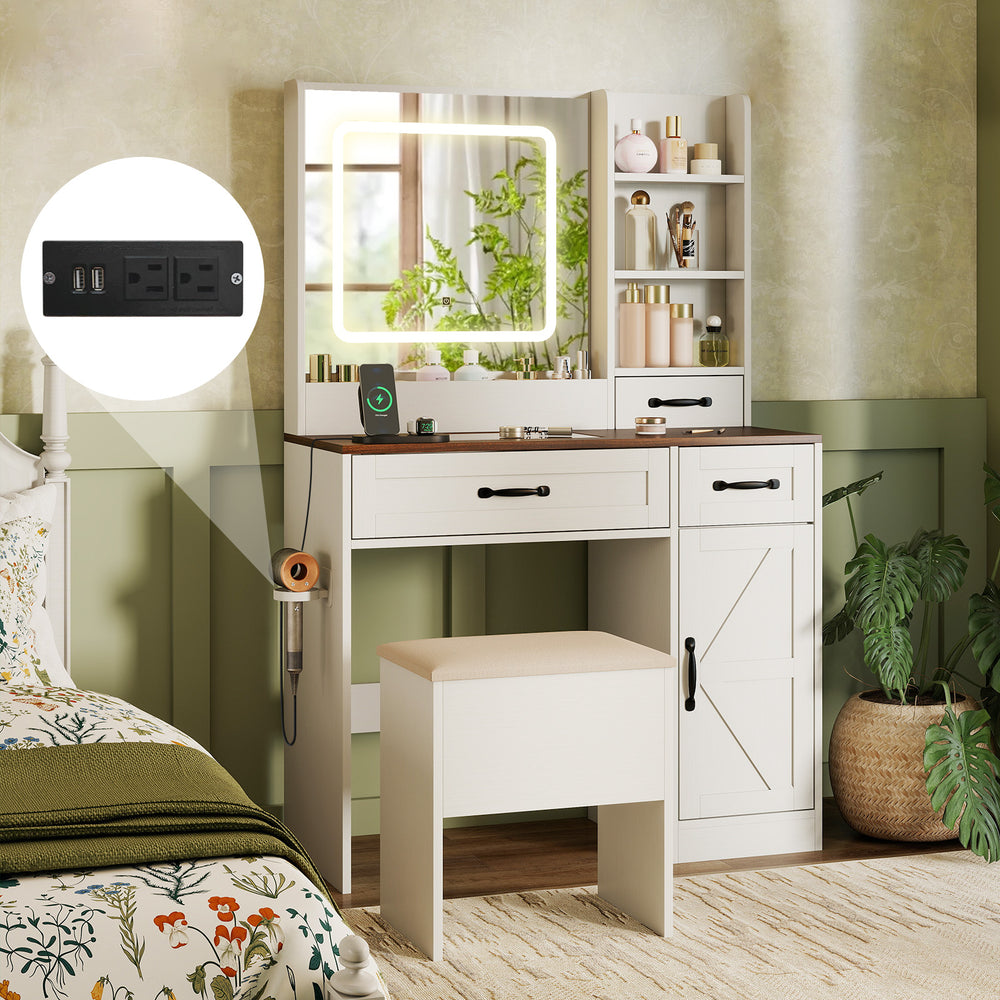 Vanity desk with lighted mirror, ample storage, and built-in charging station for convenient makeup application.
