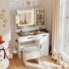 White farmhouse vanity desk with lighted mirror, ample storage, and included stool, perfect for makeup application.