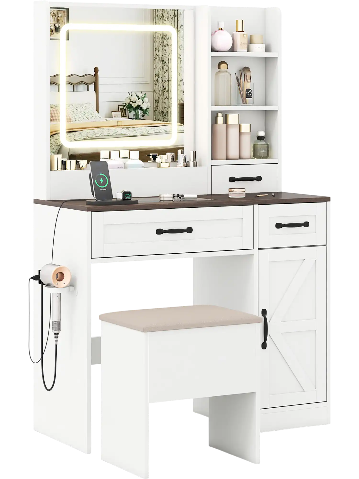 Costway Farmhouse Lighted Vanity Desk with Mirror Makeup Dressing Table 16293313 New
