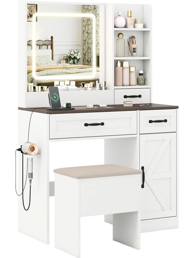 Costway Farmhouse Lighted Vanity Desk with Mirror Makeup Dressing Table 16293313 New