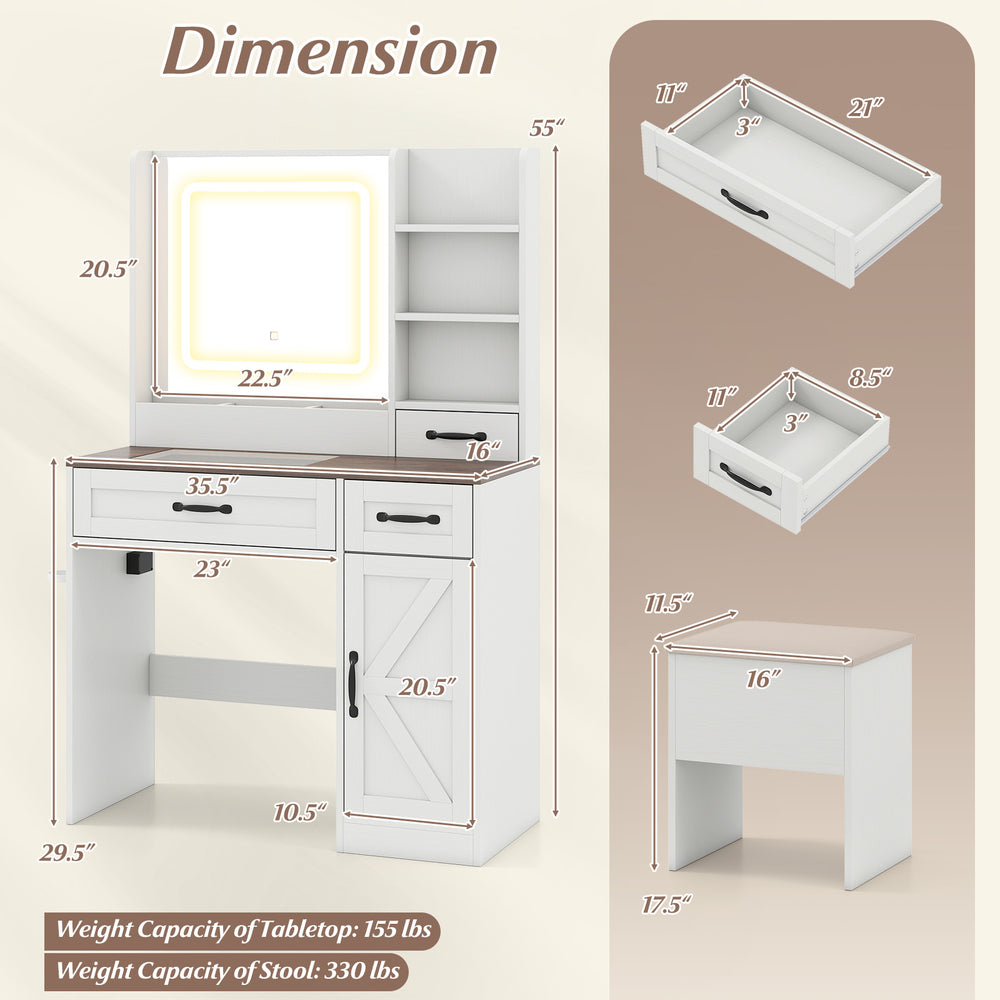 Dimensions of the white farmhouse vanity desk with mirror, drawers, and stool for makeup organization.