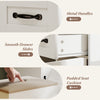 Close-up of metal handles and smooth drawer slides on the white farmhouse vanity desk with storage and lighted mirror.