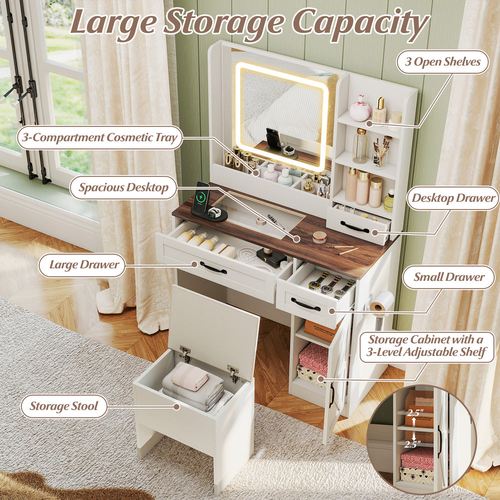 Vanity desk with mirror and lights in white, featuring ample storage, adjustable brightness, and a matching stool for.