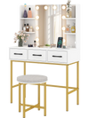 Vanity desk with illuminated mirror, 3 drawers, and cushioned stool, perfect for makeup in compact spaces.