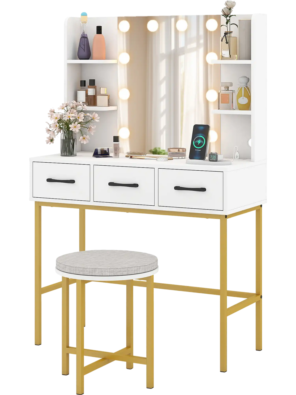 Vanity desk with illuminated mirror, 3 drawers, and cushioned stool, perfect for makeup in compact spaces.