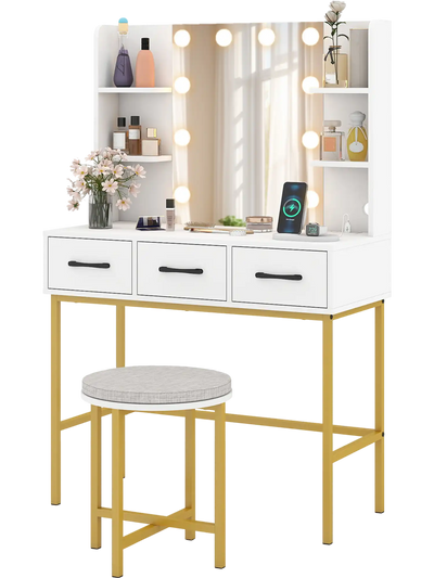 Costway Vanity Desk w/ Mirror & Lights Cushioned Stool Set 23601173 New