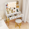 Vanity desk with illuminated mirror, 3 drawers, and cushioned stool set in white, perfect for small spaces.