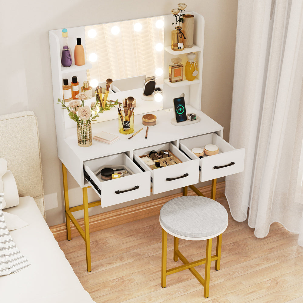 Vanity desk with illuminated mirror, 3 drawers, and cushioned stool set in white, perfect for small spaces.