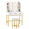 Vanity desk with illuminated mirror, adjustable brightness, and cushioned stool, perfect for compact spaces.