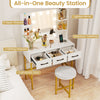 Vanity desk with illuminated mirror, 4 open shelves, and cushioned stool, perfect for makeup storage in small spaces.