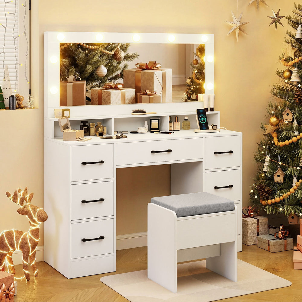 Vanity desk with LED mirror and lights, white finish, includes matching stool, ample storage, and built-in power.