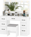 Vanity desk in white with LED mirror, 7 drawers, and matching stool, perfect for makeup application and storage.