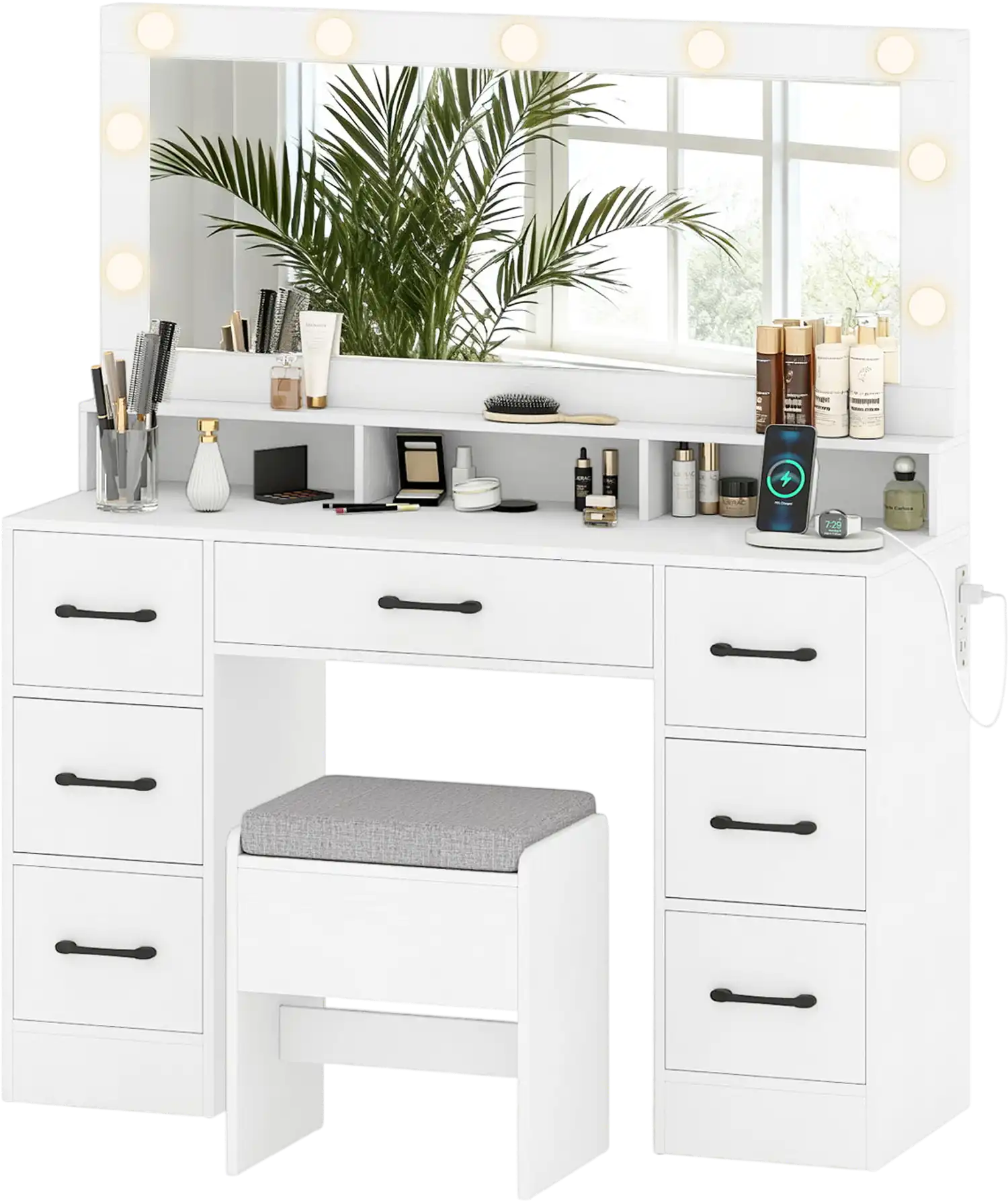 Costway LED Lighted Vanity Desk with Mirror Power Outlets 46072284 New