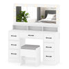 Vanity desk with mirror and lights in white, featuring 7 drawers, a matching stool, and built-in charging station.