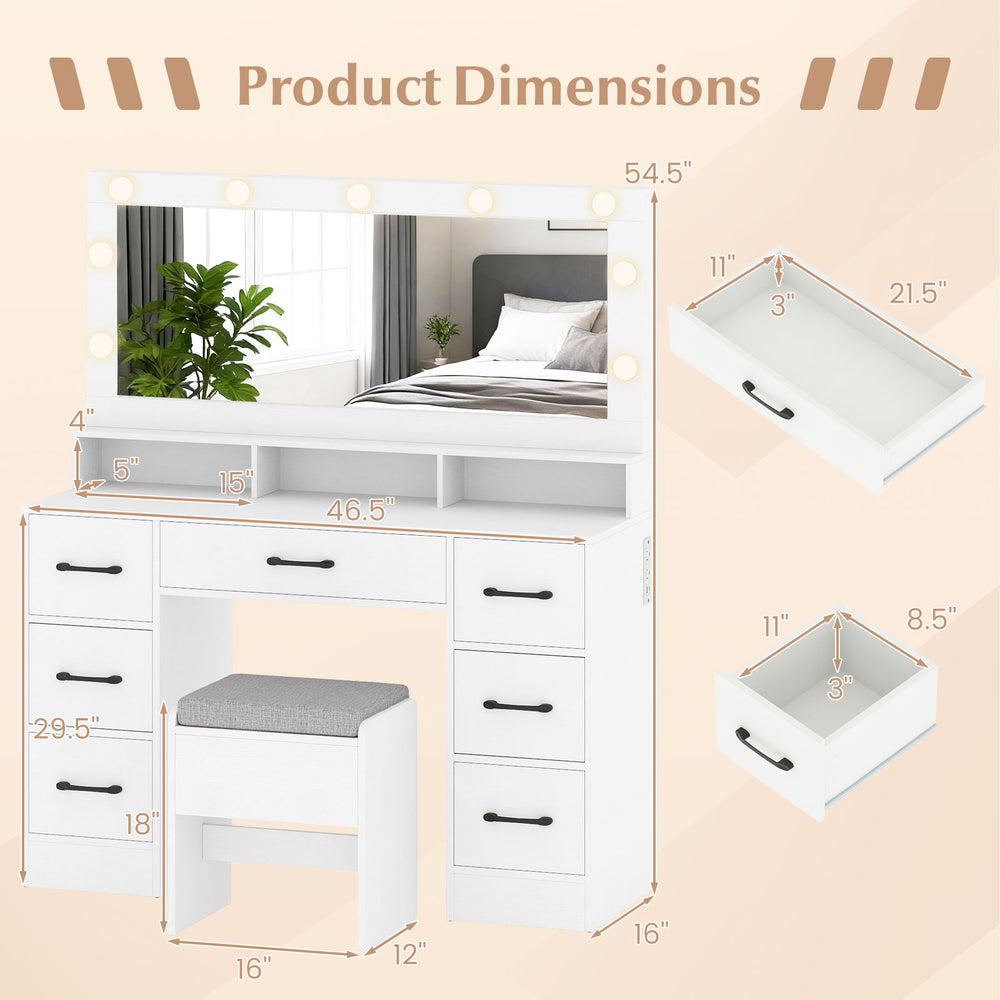 Vanity desk with mirror and lights, featuring 7 drawers, a stool, and built-in power outlets for makeup organization.