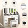 Vanity desk with mirror and lights, featuring 7 drawers, a matching stool, and built-in charging station for makeup.