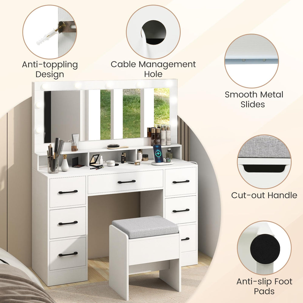 Vanity desk with mirror and lights, featuring 7 drawers, a matching stool, and built-in charging station for makeup.