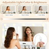 Vanity desk with LED mirror, featuring adjustable light color and brightness, includes matching stool and ample storage.