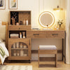 Cushioned stool complements the vanity desk, providing comfort while utilizing the 360-degree mirror and adjustable lighting.