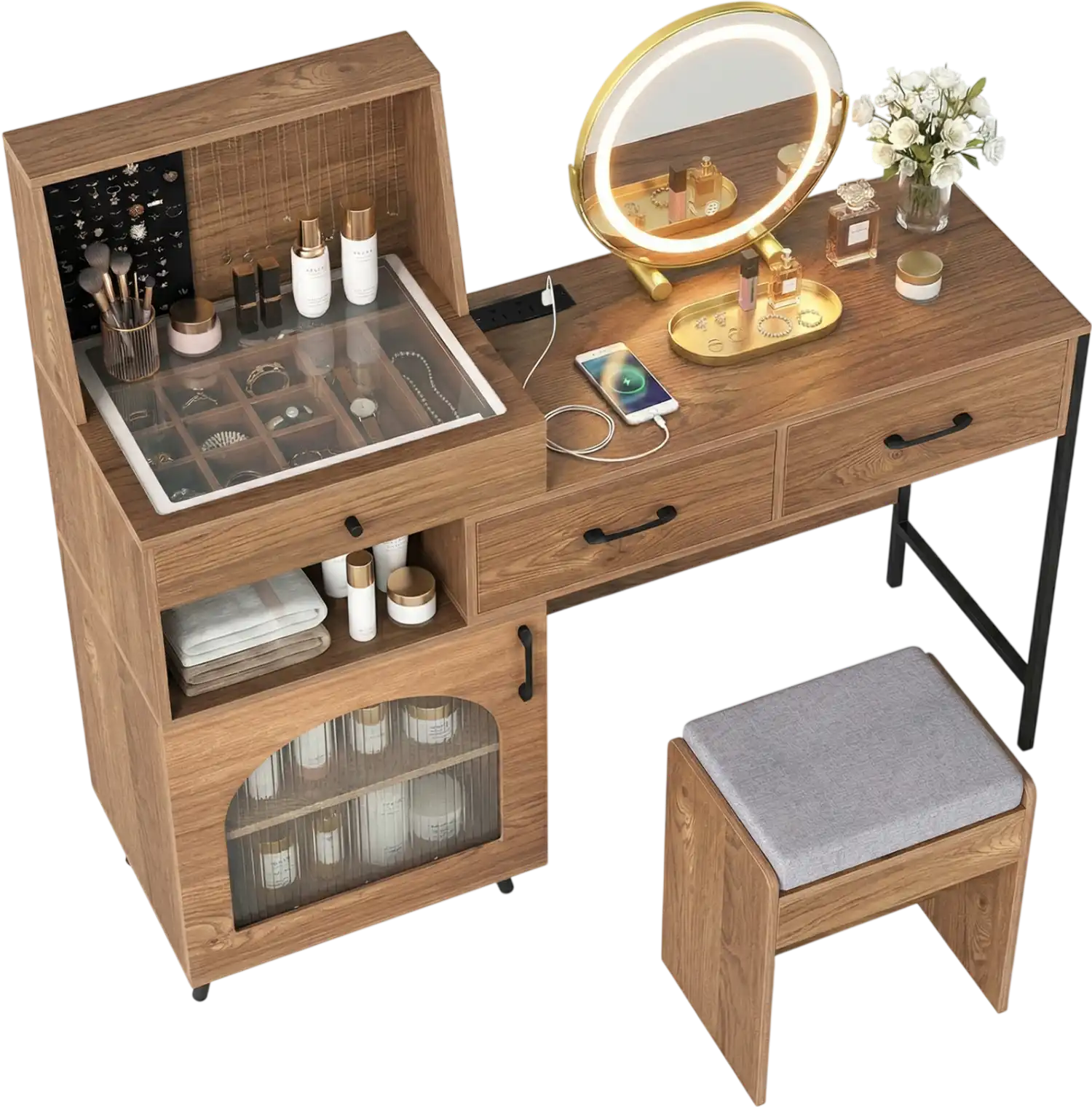 Costway Vanity Desk with Mirror & Lights Ring Slots Necklace Hooks 74386752 New